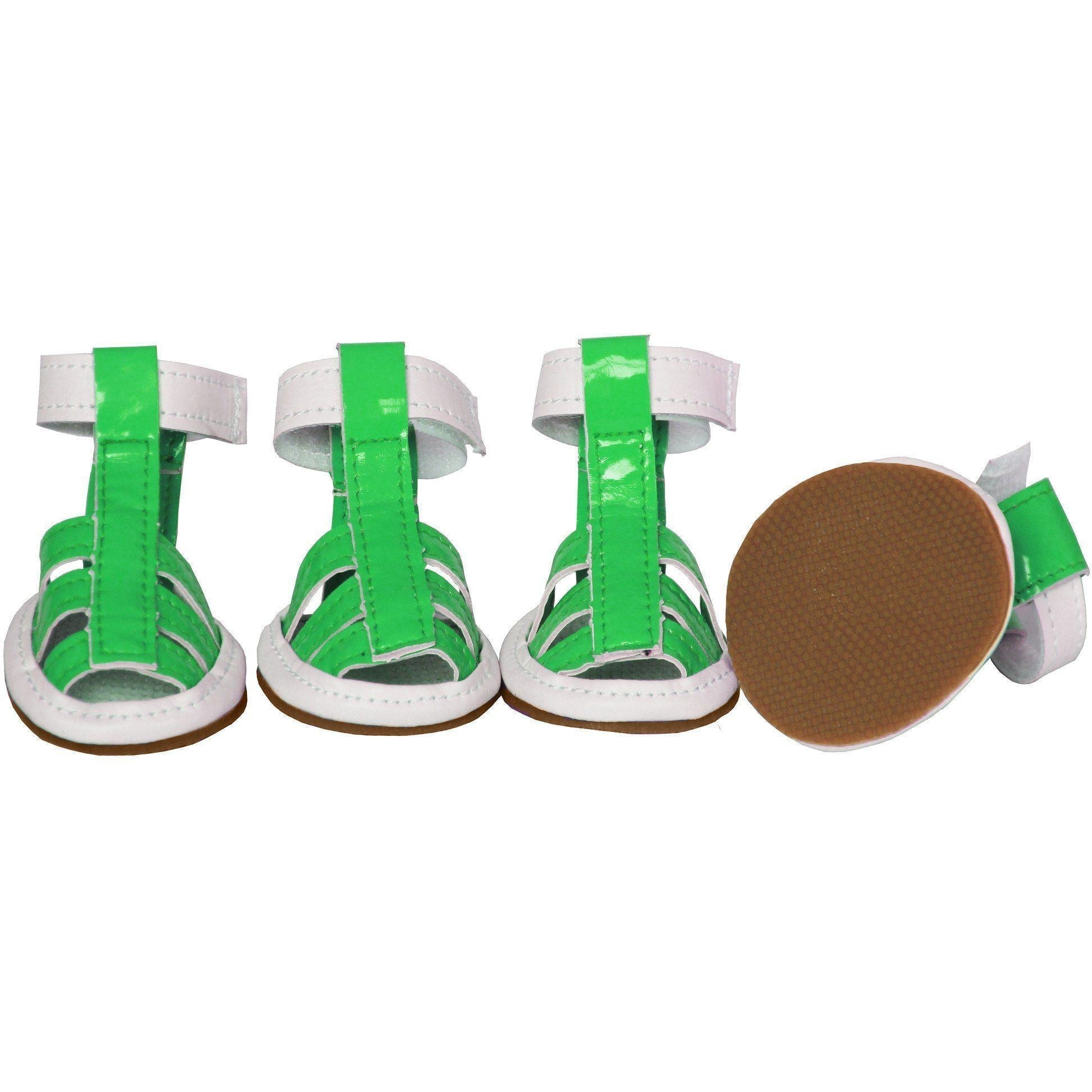 Neon green PVC waterproof dog shoes, buckle straps and textured sole, set of 4