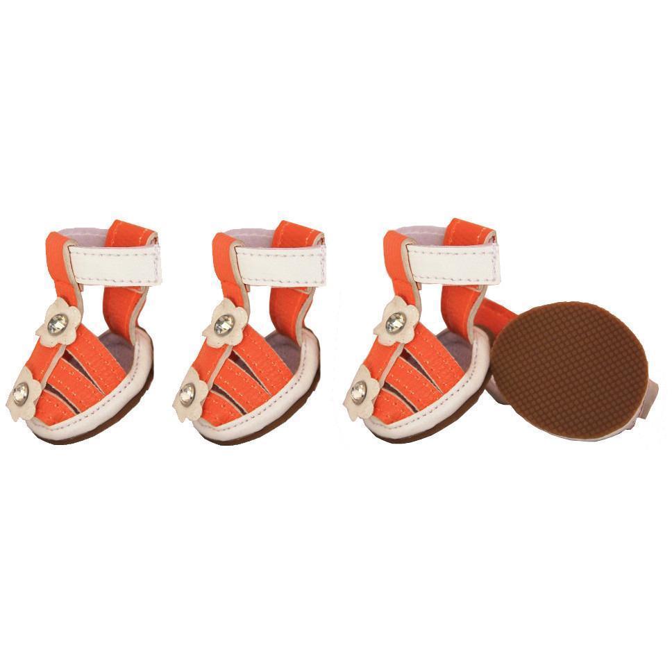 Orange and white PVC waterproof dog shoes with Velcro strap and metal buckle, set of 4