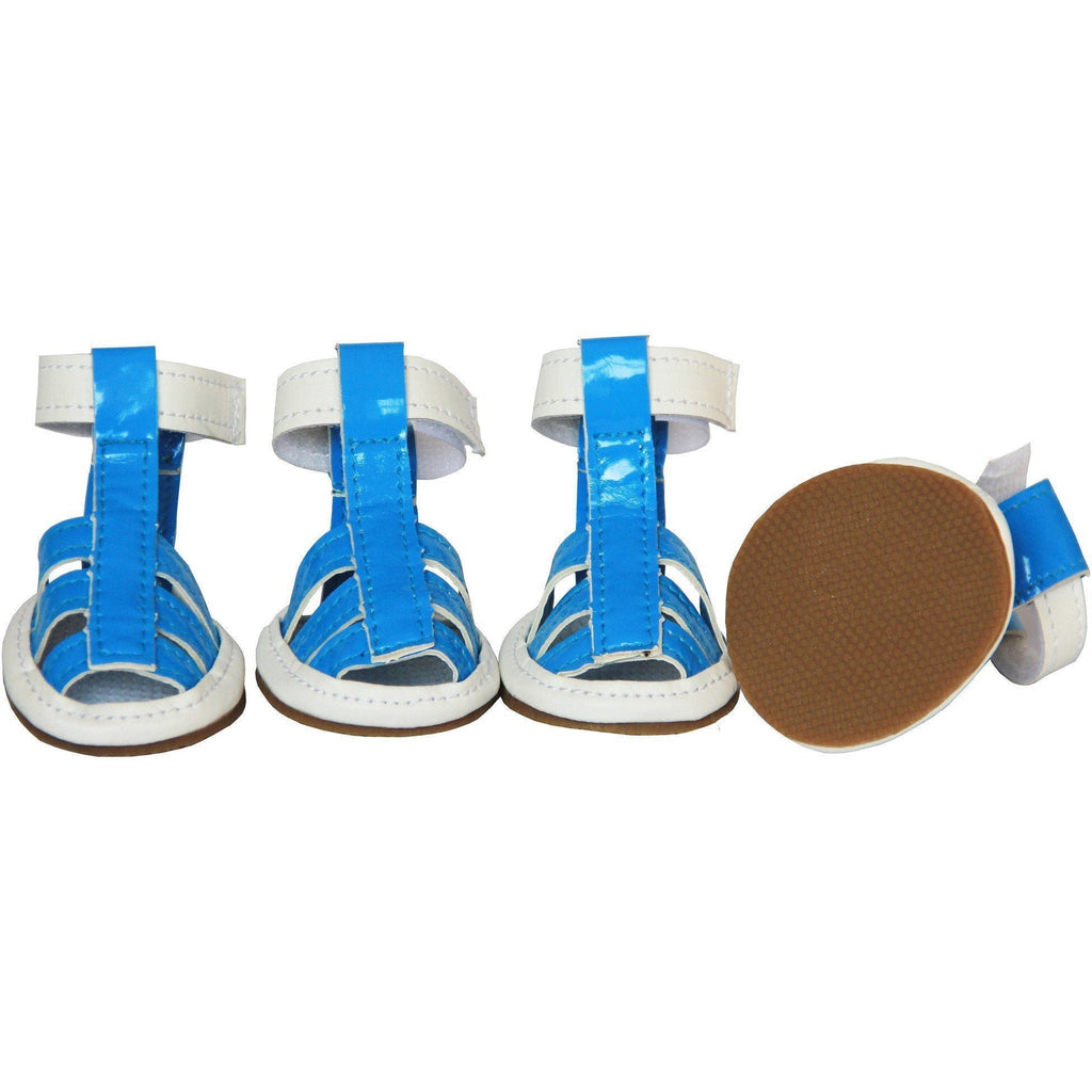 Ocean blue PVC waterproof dog shoes with buckle straps and textured brown sole, set of 4
