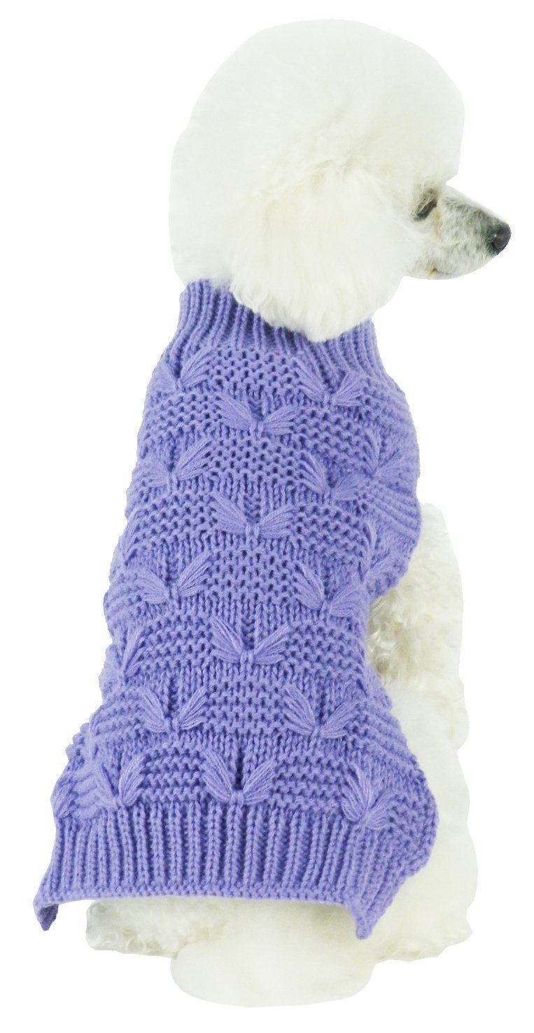 Lavender purple knitted turtleneck dog sweater, butterfly stitch raised pattern