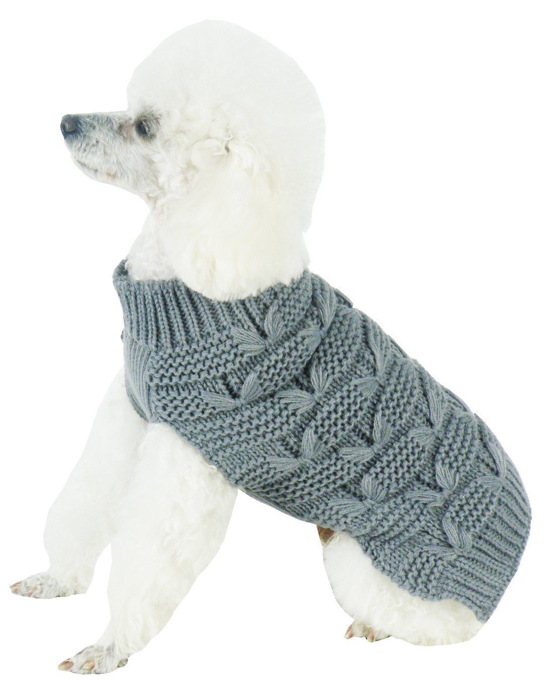 Dark grey cable-knit turtleneck dog sweater with butterfly stitch pattern