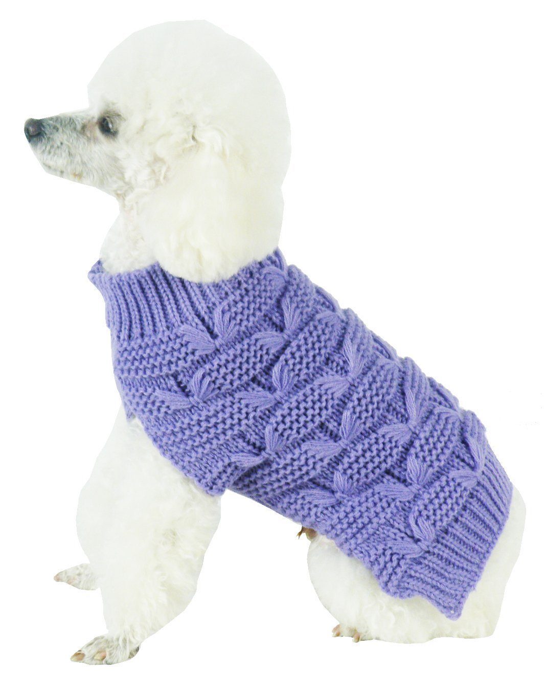 Lavender purple cable-knit turtleneck dog sweater with butterfly stitch detail