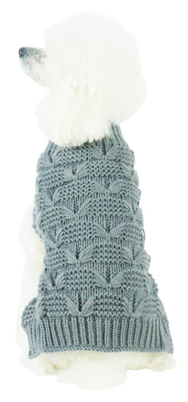 Dark grey knitted turtleneck dog sweater with butterfly stitch and ribbed hem