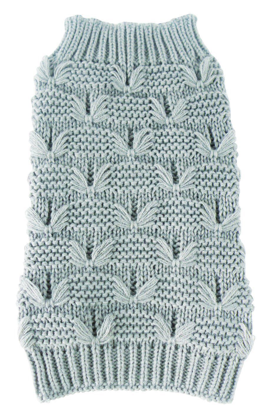 Dark grey turtleneck dog sweater, butterfly stitch texture and ribbed cuffs