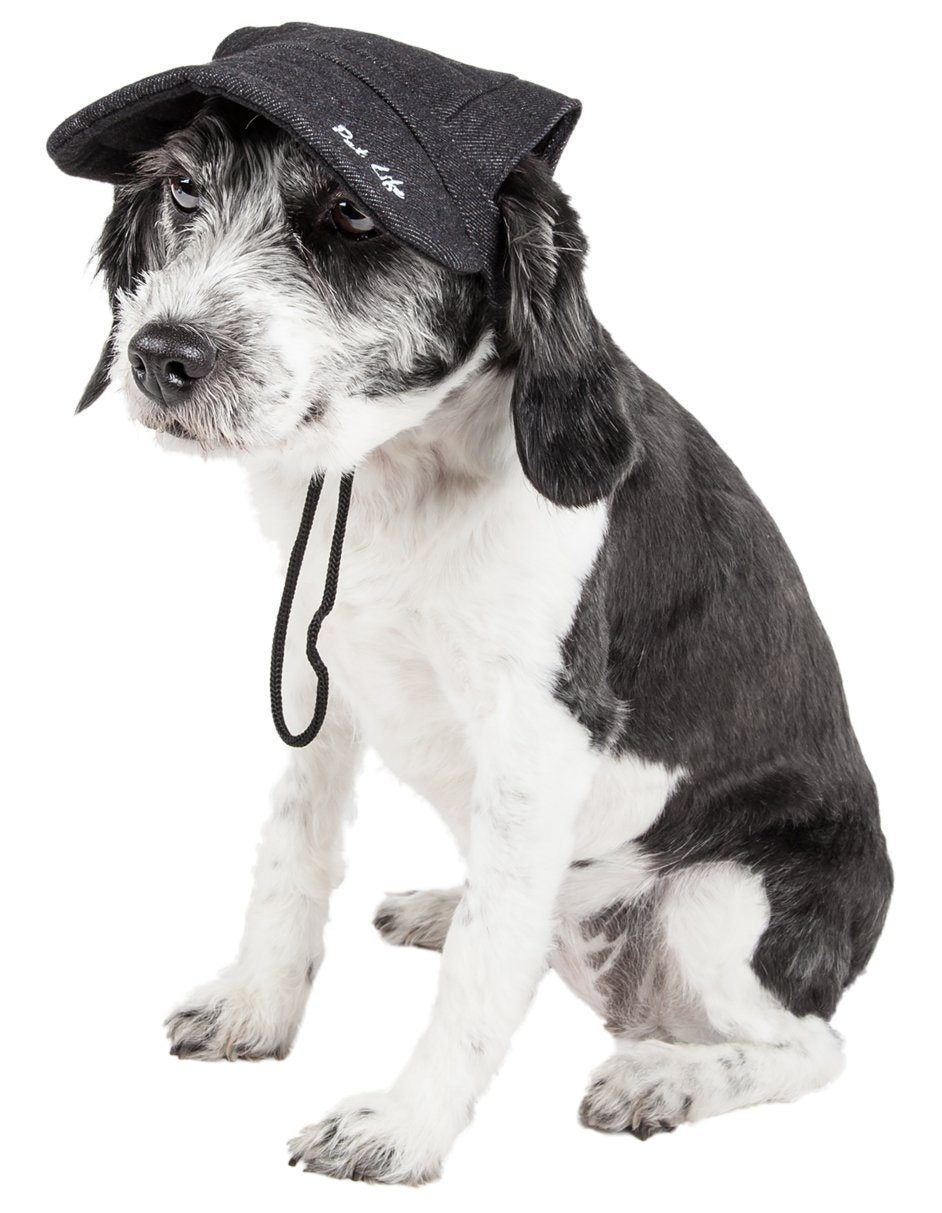 Adjustable dark gray dog sun hat with chin cord, worn by a black-and-white dog