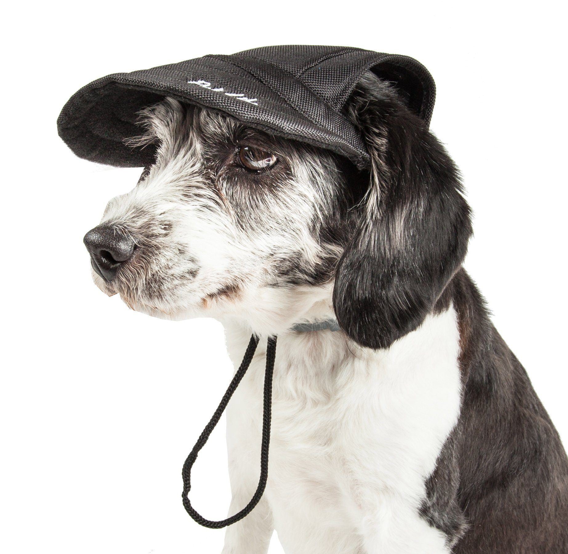 Jet black dog UV protective adjustable fashion hat, chin drawstrings and side brim logo