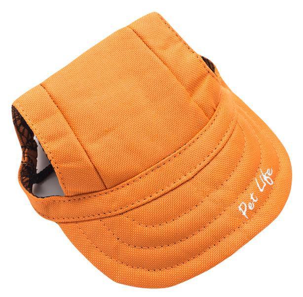 Orange adjustable dog fashion hat, curved brim with chin strap and side logo