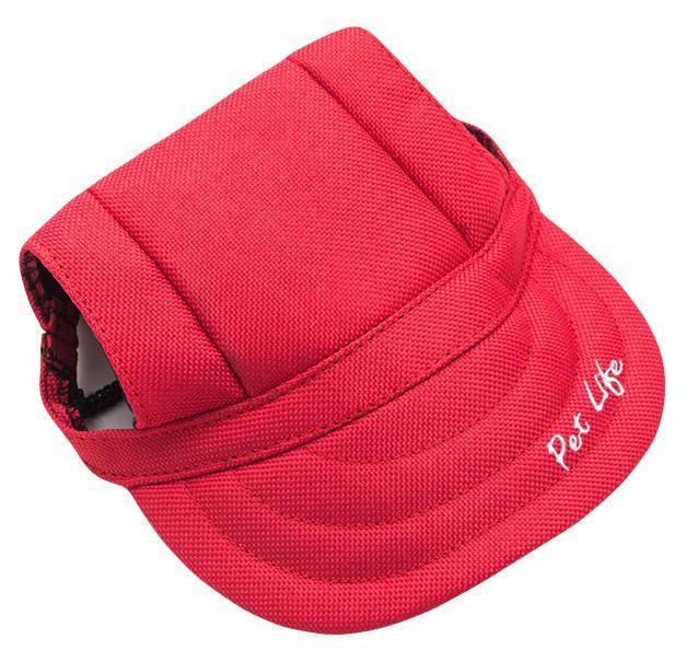 Red adjustable dog fashion hat, curved brim with chin strap and side logo