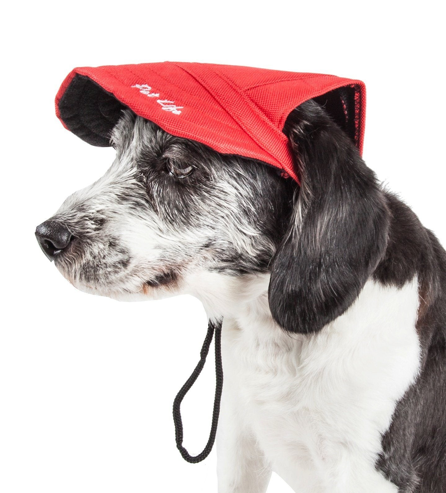 Red dog UV protective adjustable fashion hat with chin drawstrings and side brim logo
