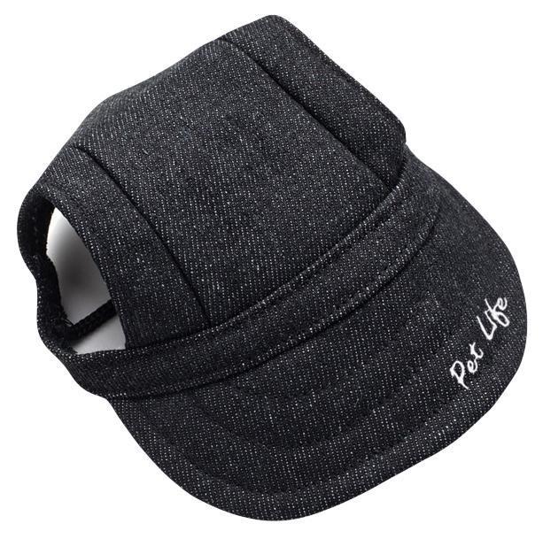 Denim black adjustable dog fashion hat, curved brim with chin strap and side logo