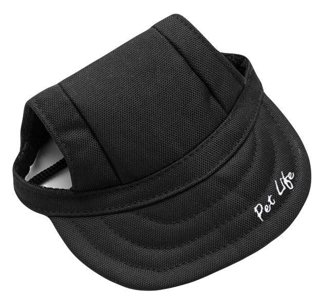 Jet black adjustable dog fashion hat, curved brim with chin strap and logo