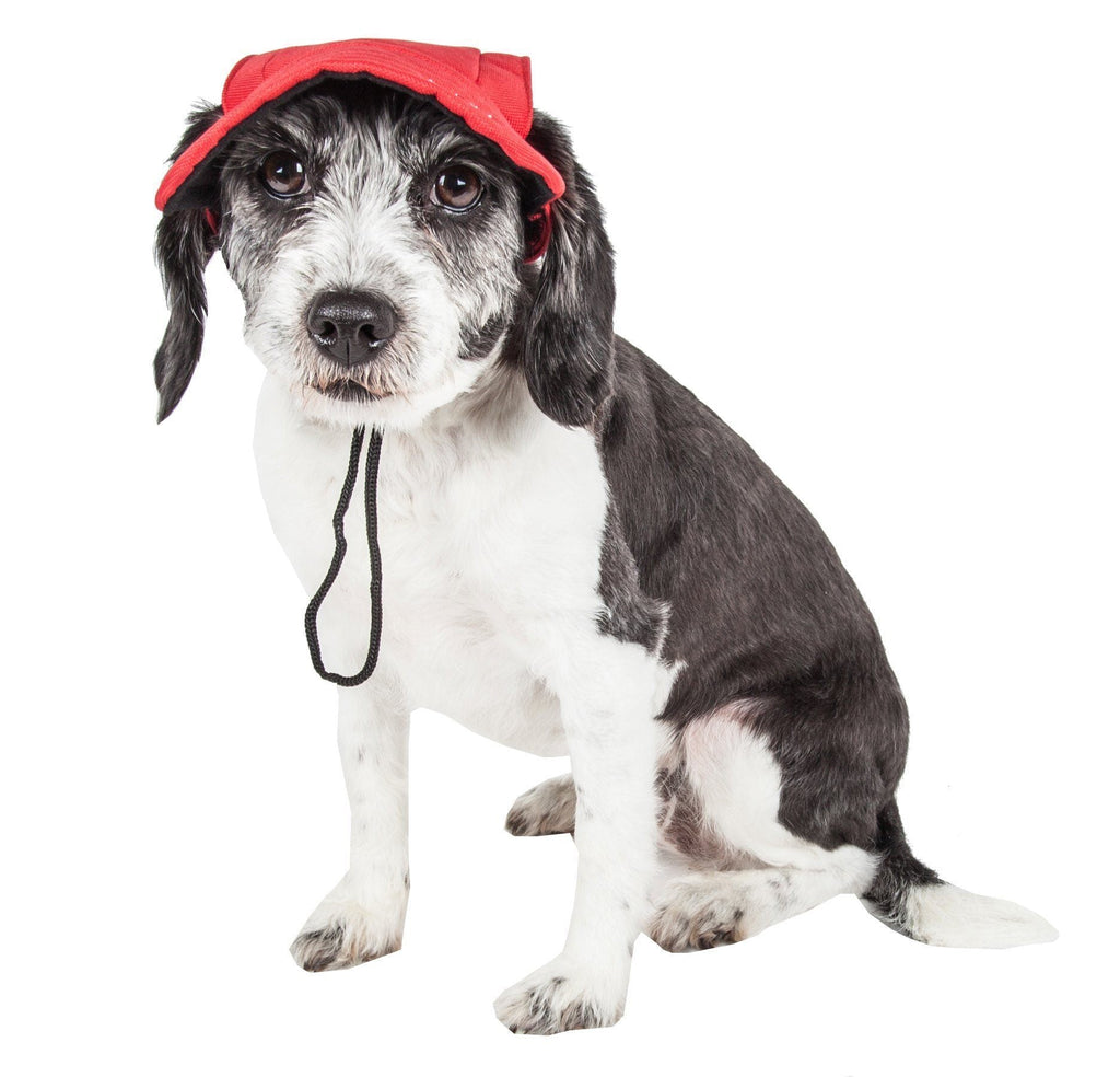 Adjustable red dog sun hat with chin cord, on a black-and-white terrier mix