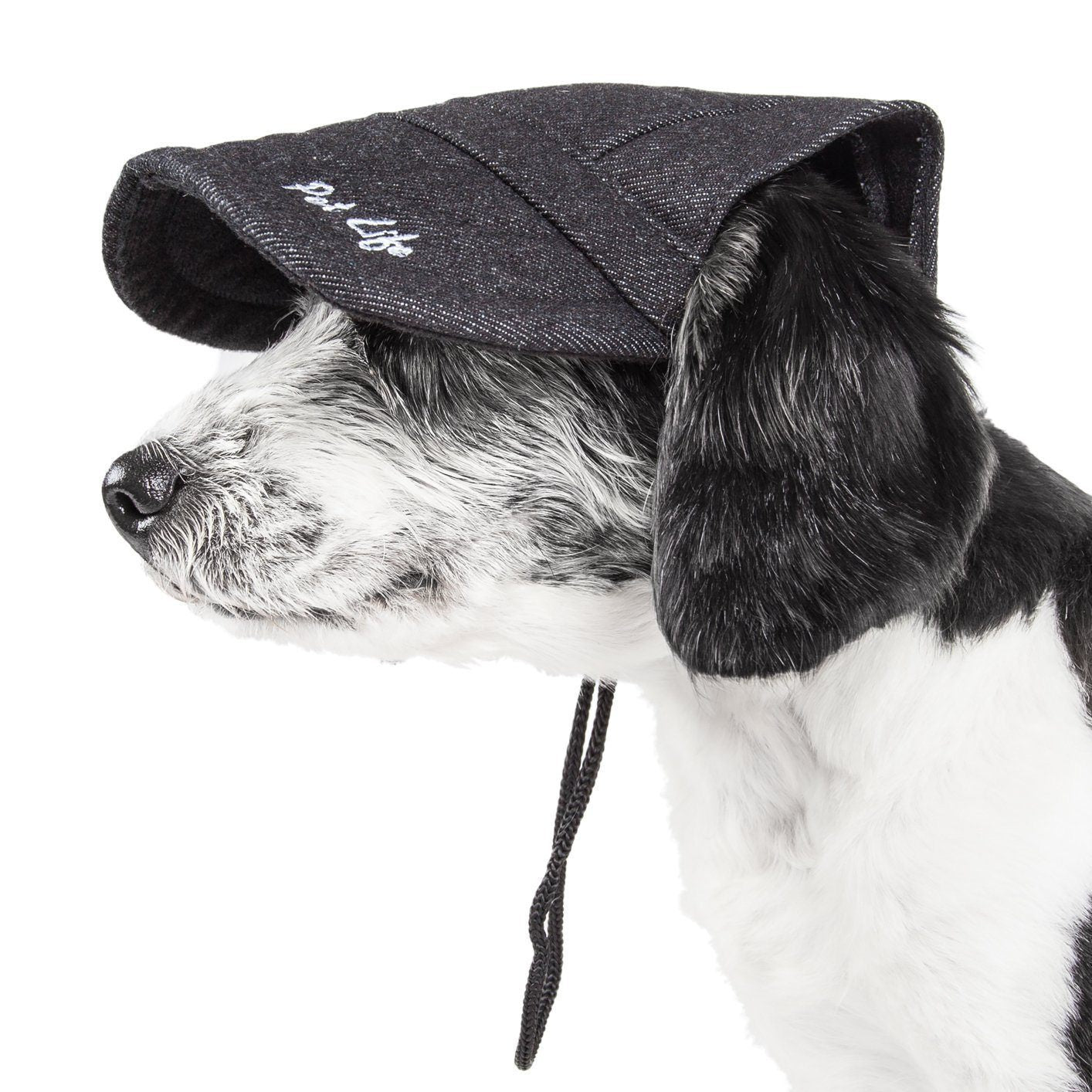Denim black dog UV protective adjustable fashion hat with chin drawstrings and side logo