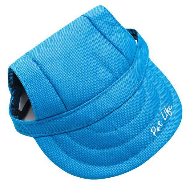 Blue adjustable dog fashion hat, curved brim with chin strap and side logo