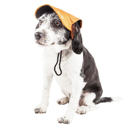 Adjustable dog hat cap in orange fabric with chin cord and side bow