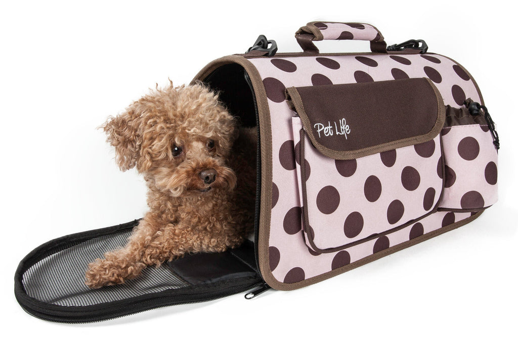 Folding dog carrier with zipper top, purple polka-dot print and side pocket; pet inside