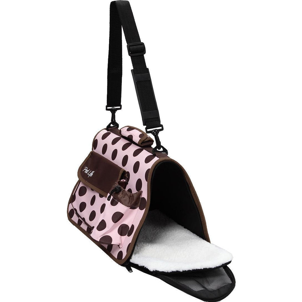 Dog travel carrier with adjustable shoulder strap, polka-dot fabric panels and padded base