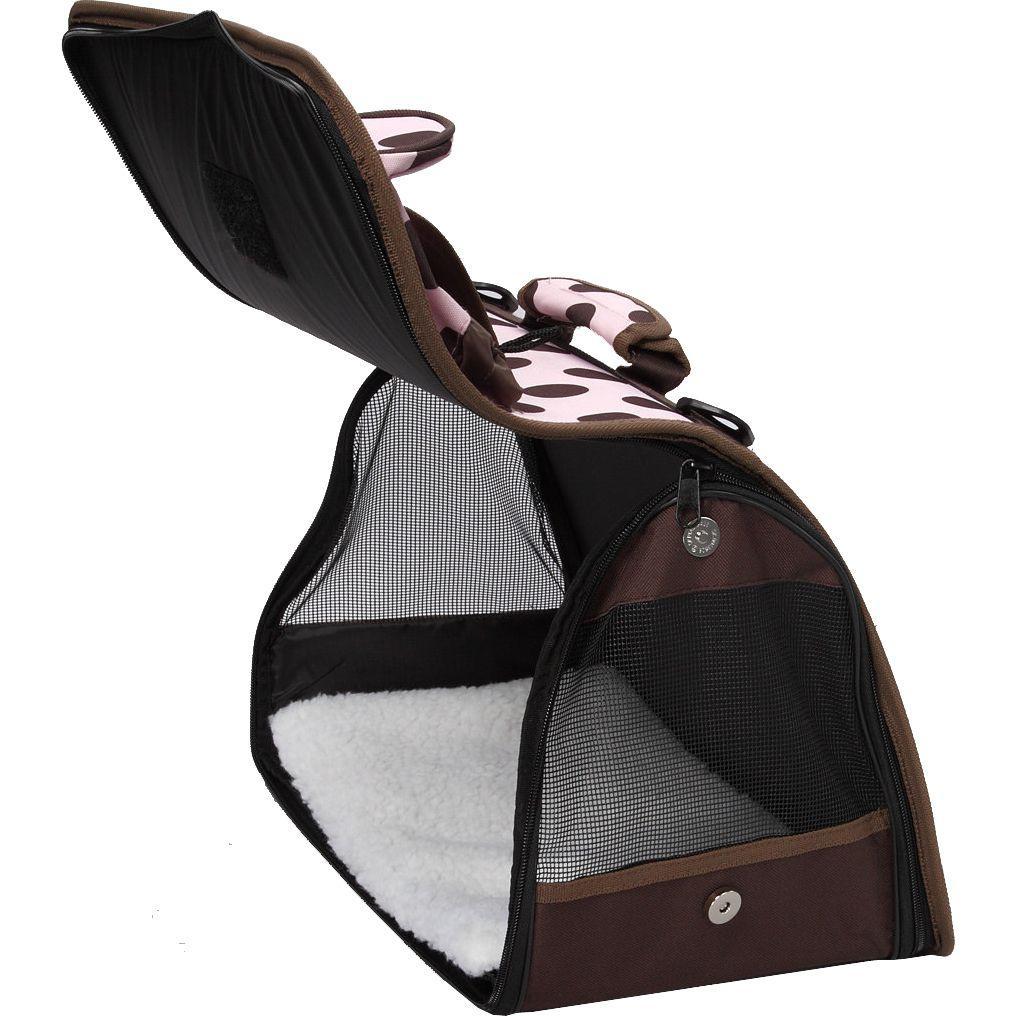 Airline-approved folding pet carrier, dark front panel with mesh window and padded interior