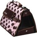 Collapsible airline pet carrier with purple polka-dot fabric, front pouch and mesh side window