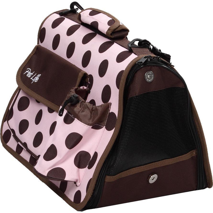 Collapsible airline pet carrier with purple polka-dot fabric, front pouch and mesh side window