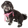 Adjustable dog mesh harness with shaggy neck tie, pink with red hardware