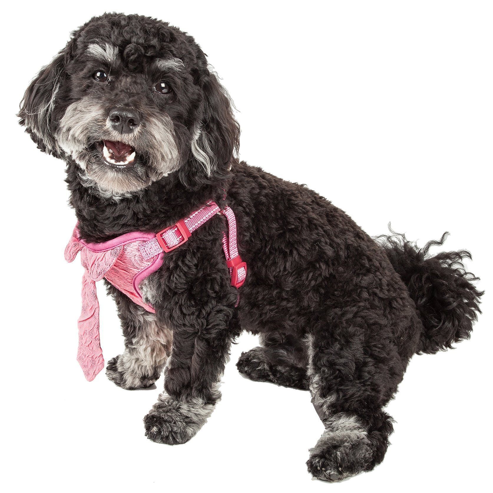 Adjustable dog mesh harness with shaggy neck tie, pink with red hardware