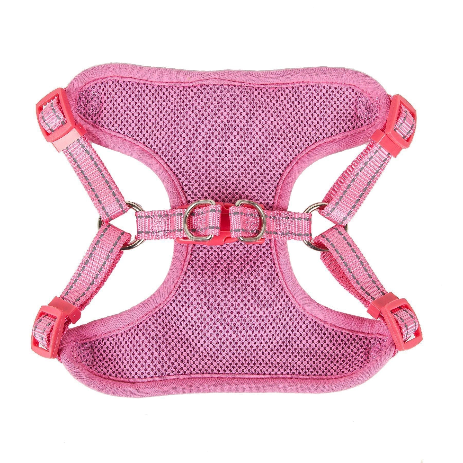 Pink mesh dog harness with two rings and four adjustable strap sections