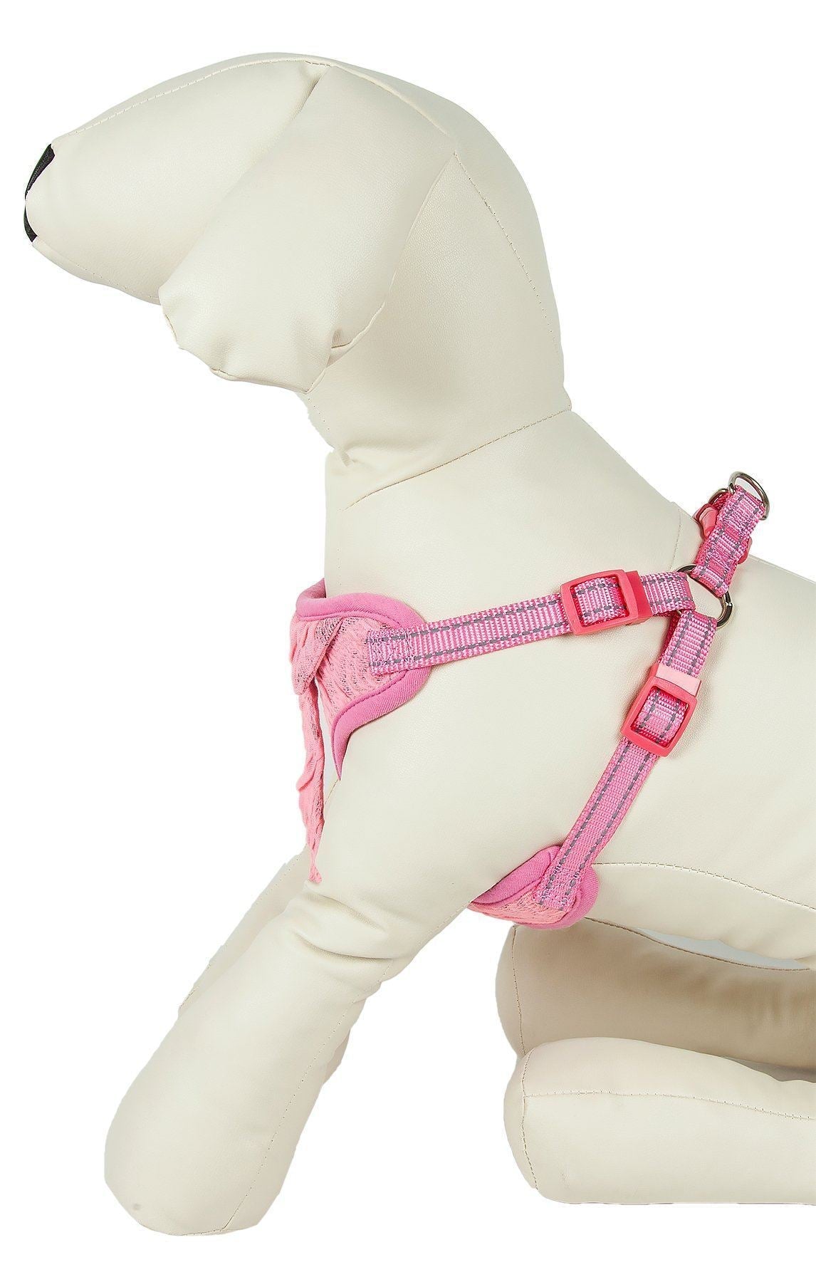 Pink dog harness on mannequin, adjustable front straps and back loop
