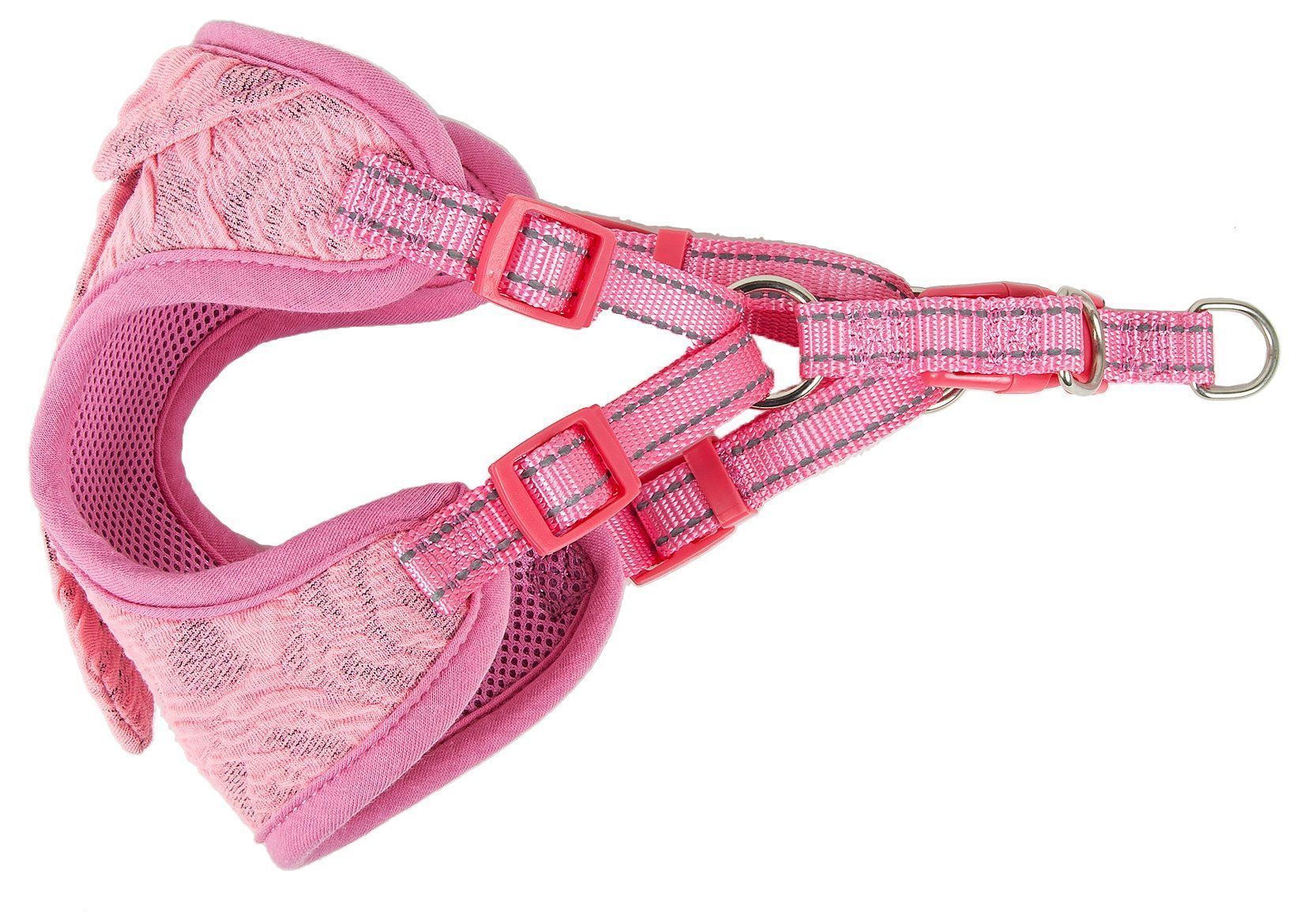 Pink dog harness with D-ring leash clip and adjustable neck/chest straps