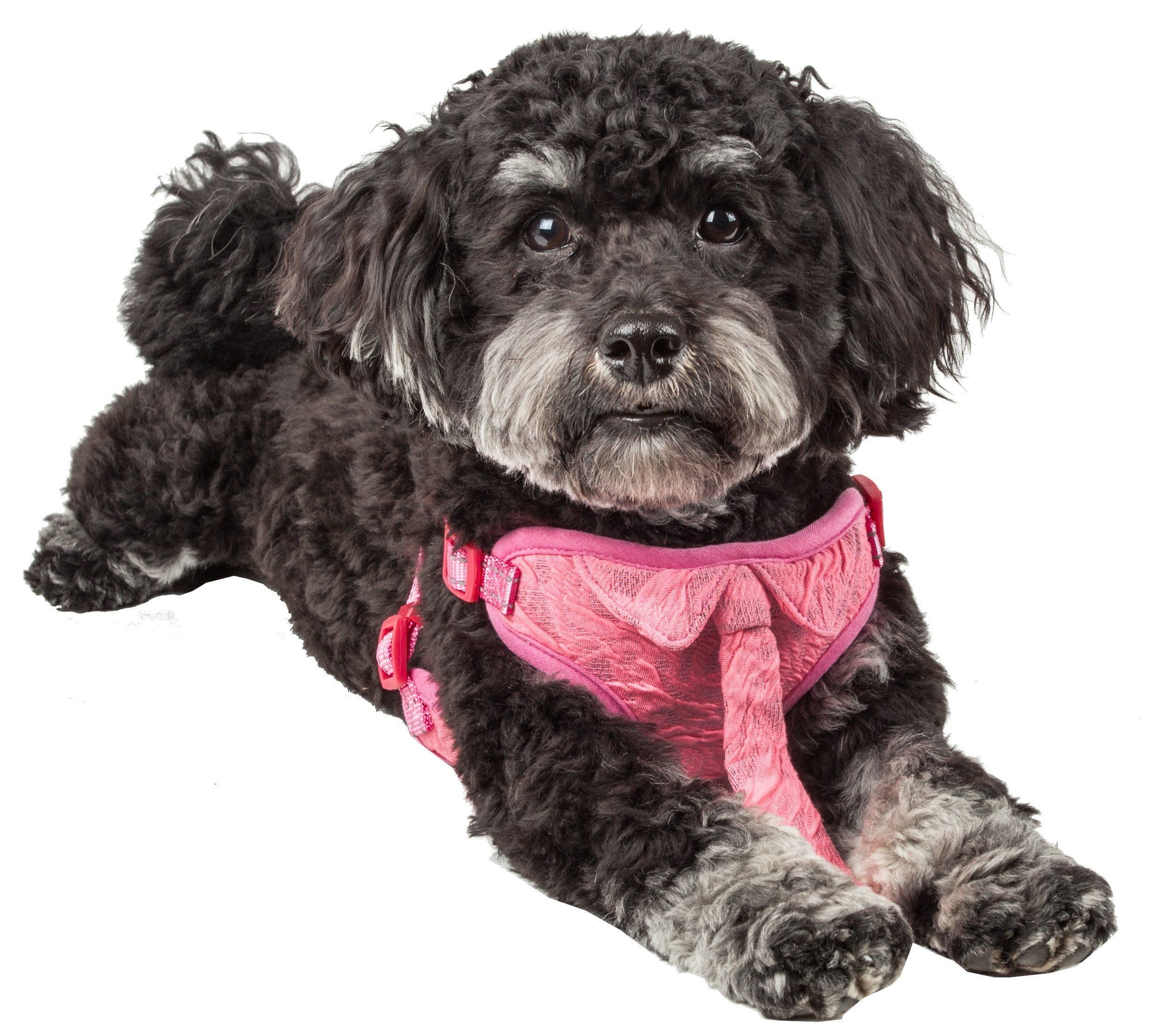 Pink mesh dog harness with front straps and adjustable fit, red buckles