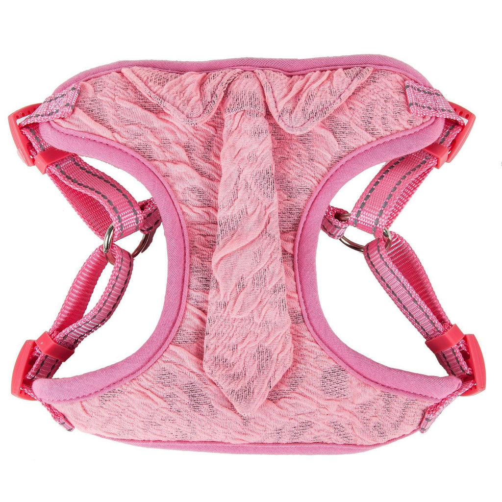 Back view of pink dog harness with mesh fabric and crisscross strap clips