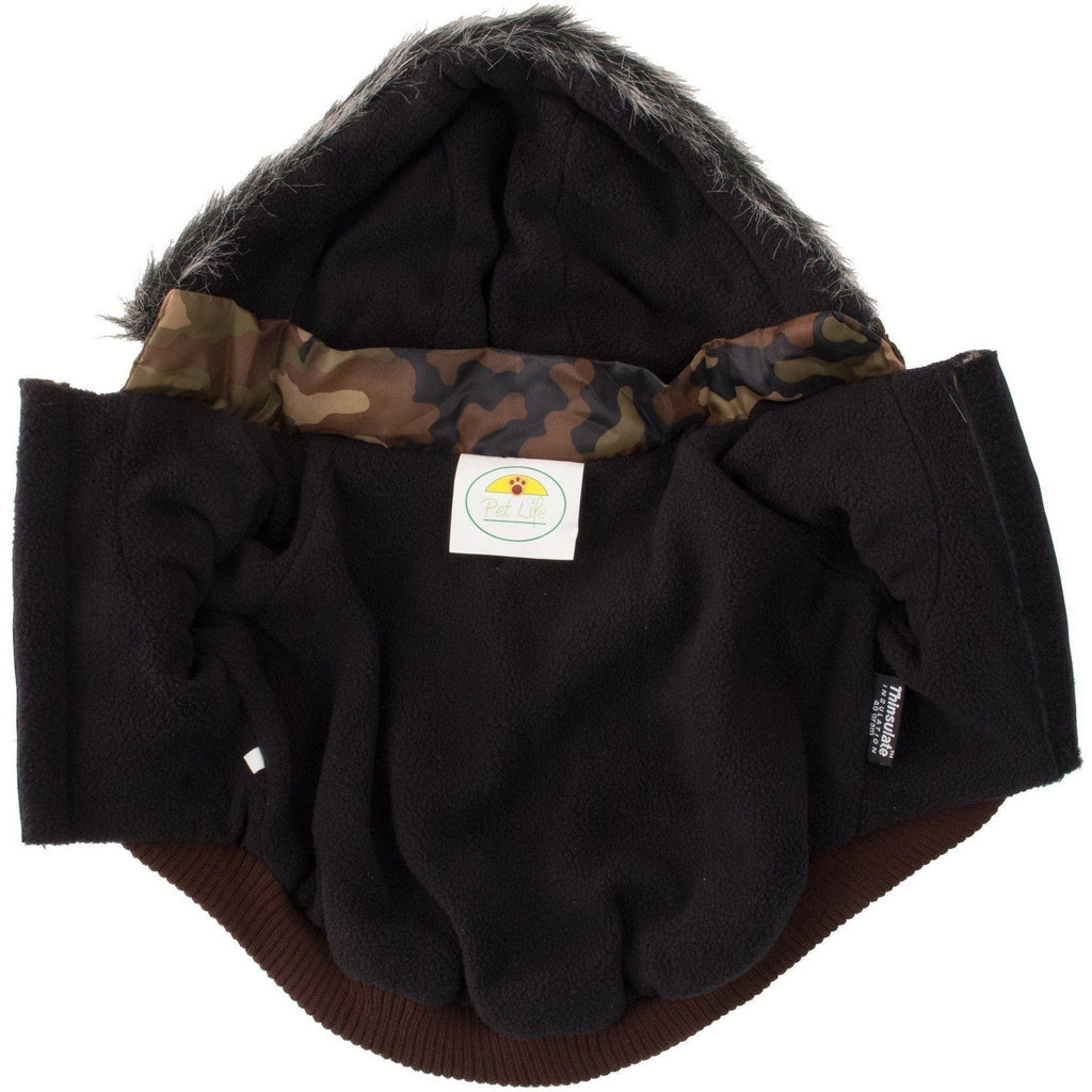 Jet black dog parka with camo hood lining and ribbed hem