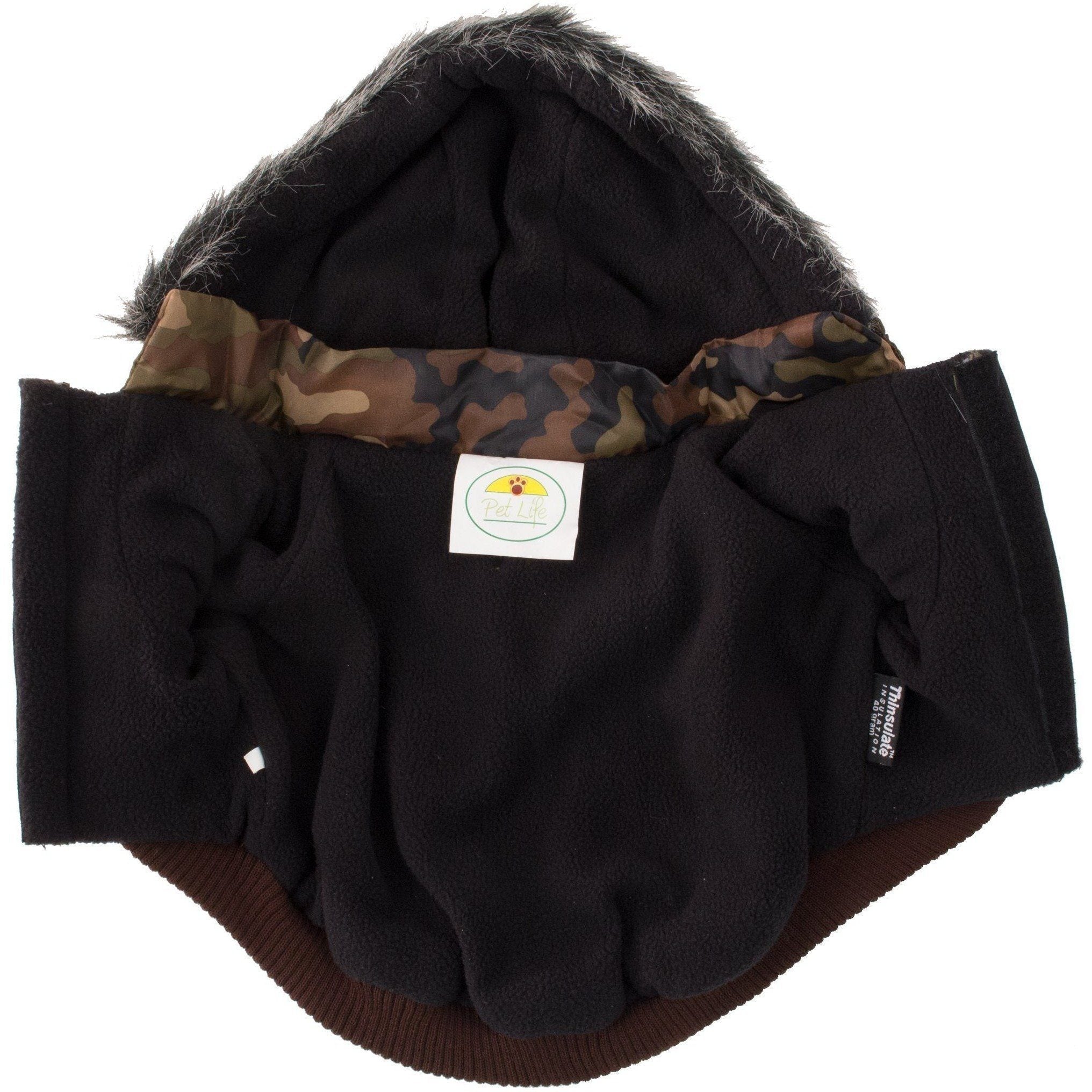 Jet black dog parka with camo hood lining and ribbed hem