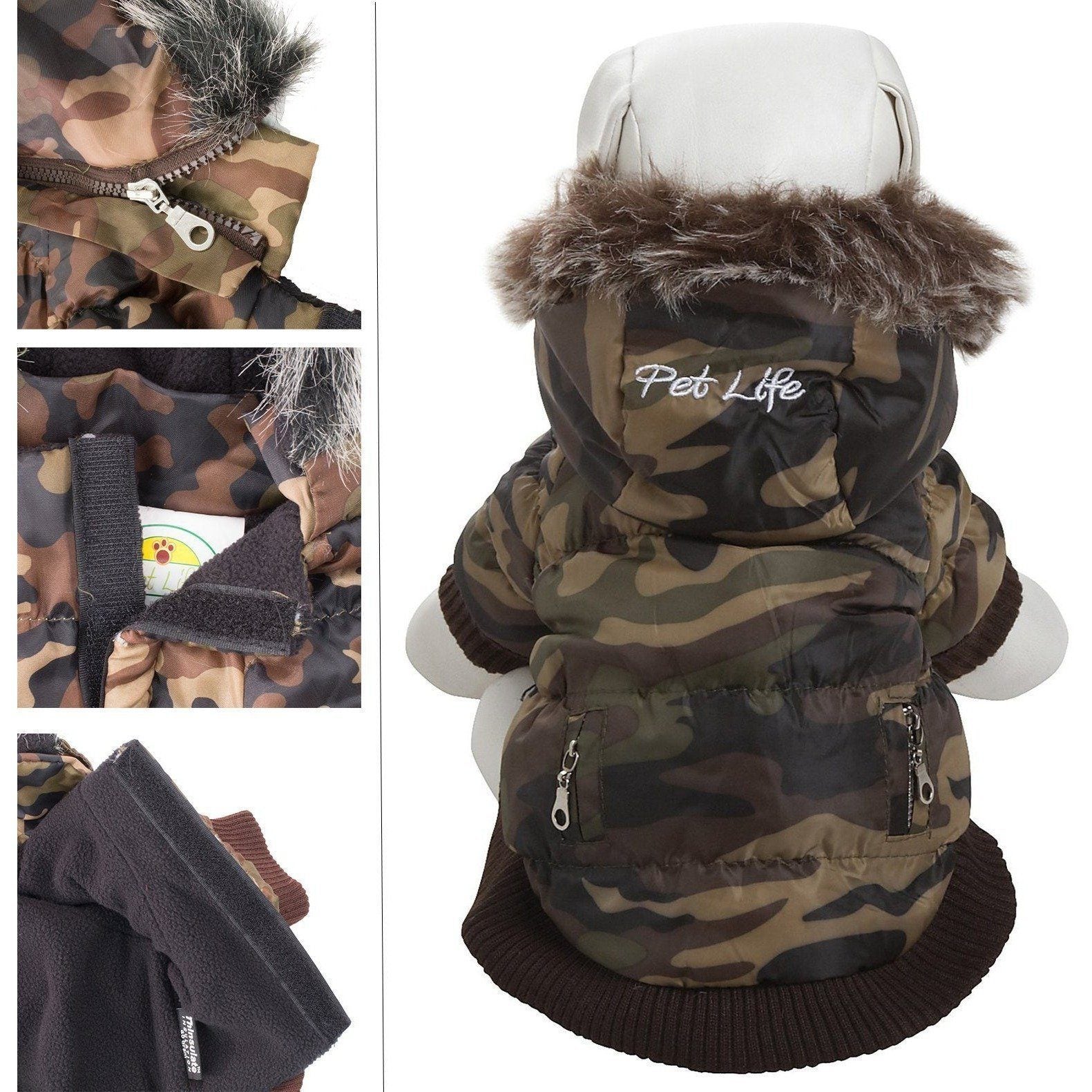 Camouflage insulated dog coat with removable fur-trimmed hood and two front zipper pockets