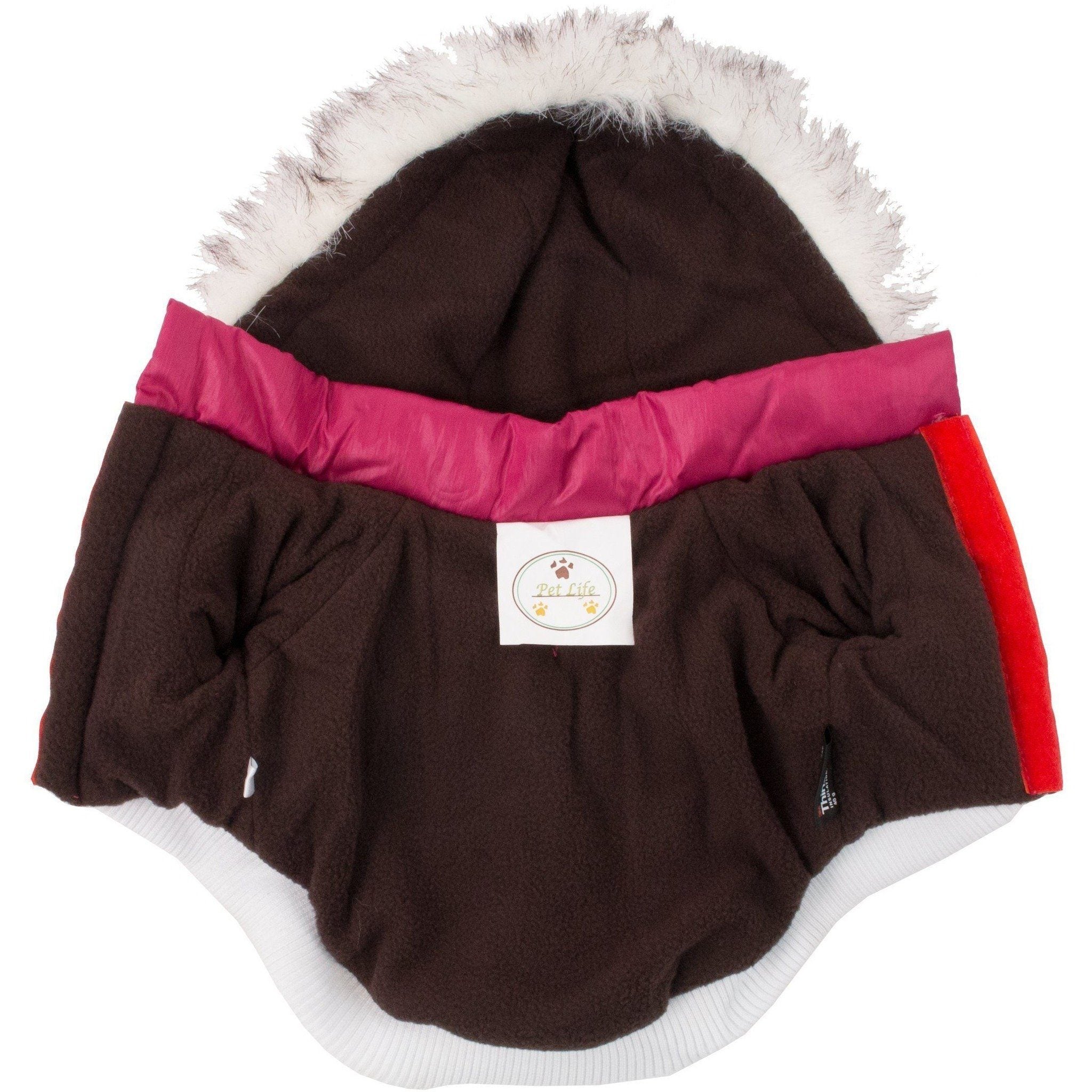 Insulated dog parka with removable fur-trimmed hood, dark body and pink collar trim