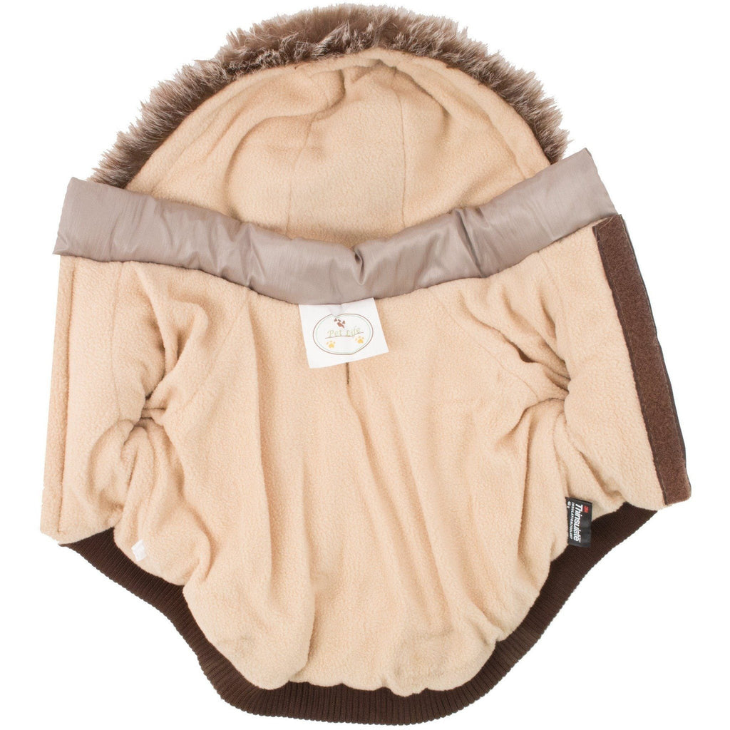Metallic grey dog parka back view with faux-fur hood trim and ribbed cuffs