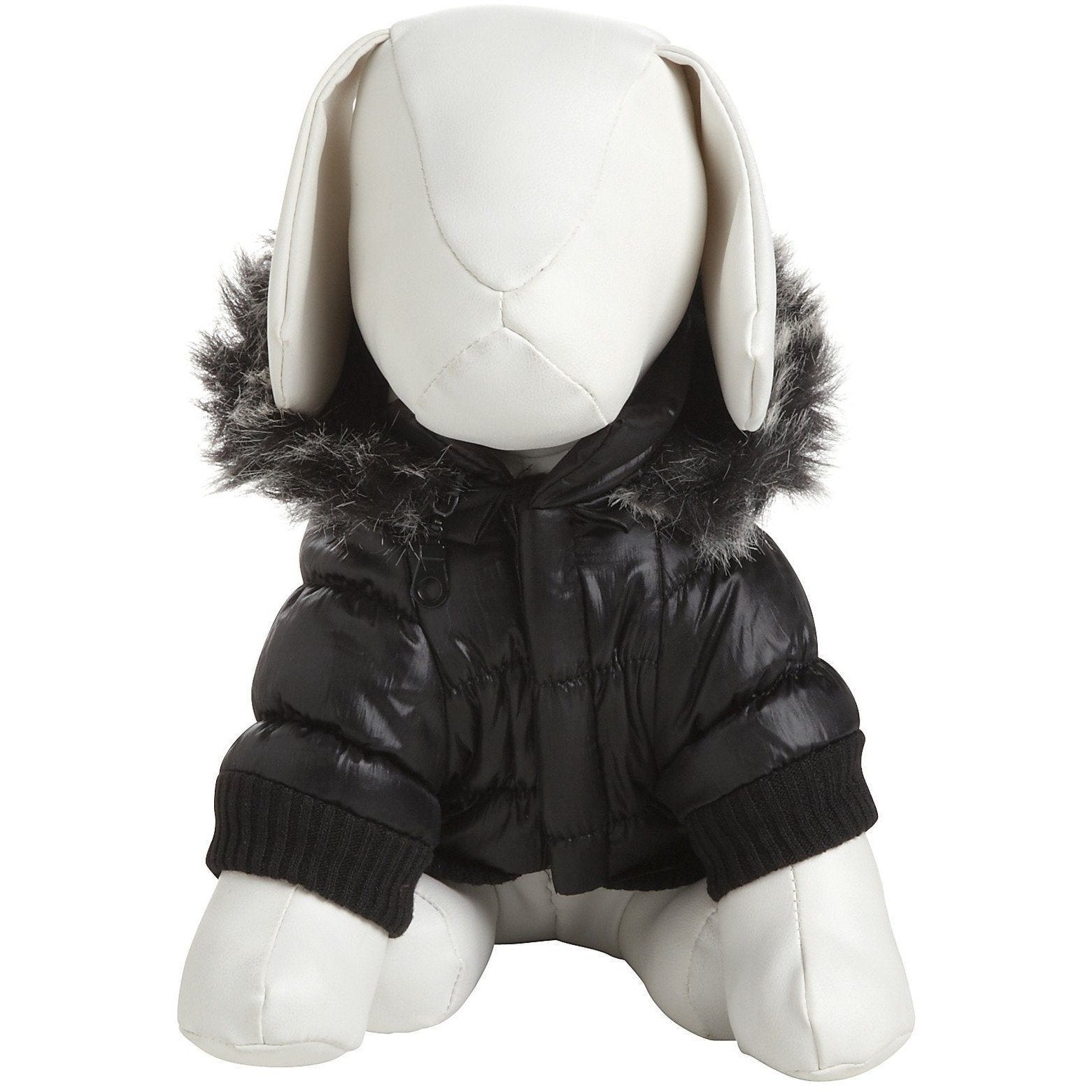 Black insulated dog coat parka with removable hood and faux-fur trim, back view