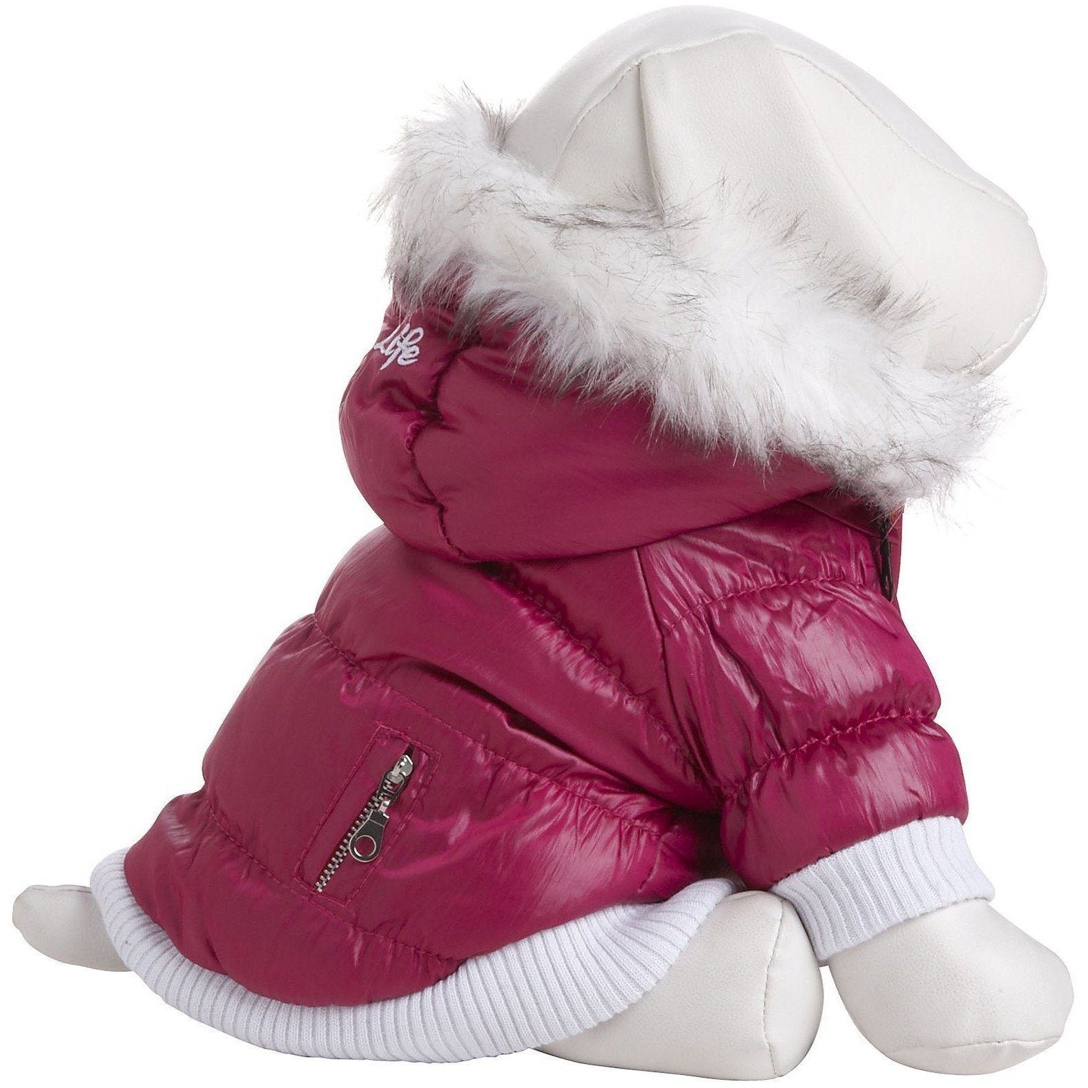 Metallic pink dog parka with faux-fur trimmed removable hood, zip front, ribbed cuffs