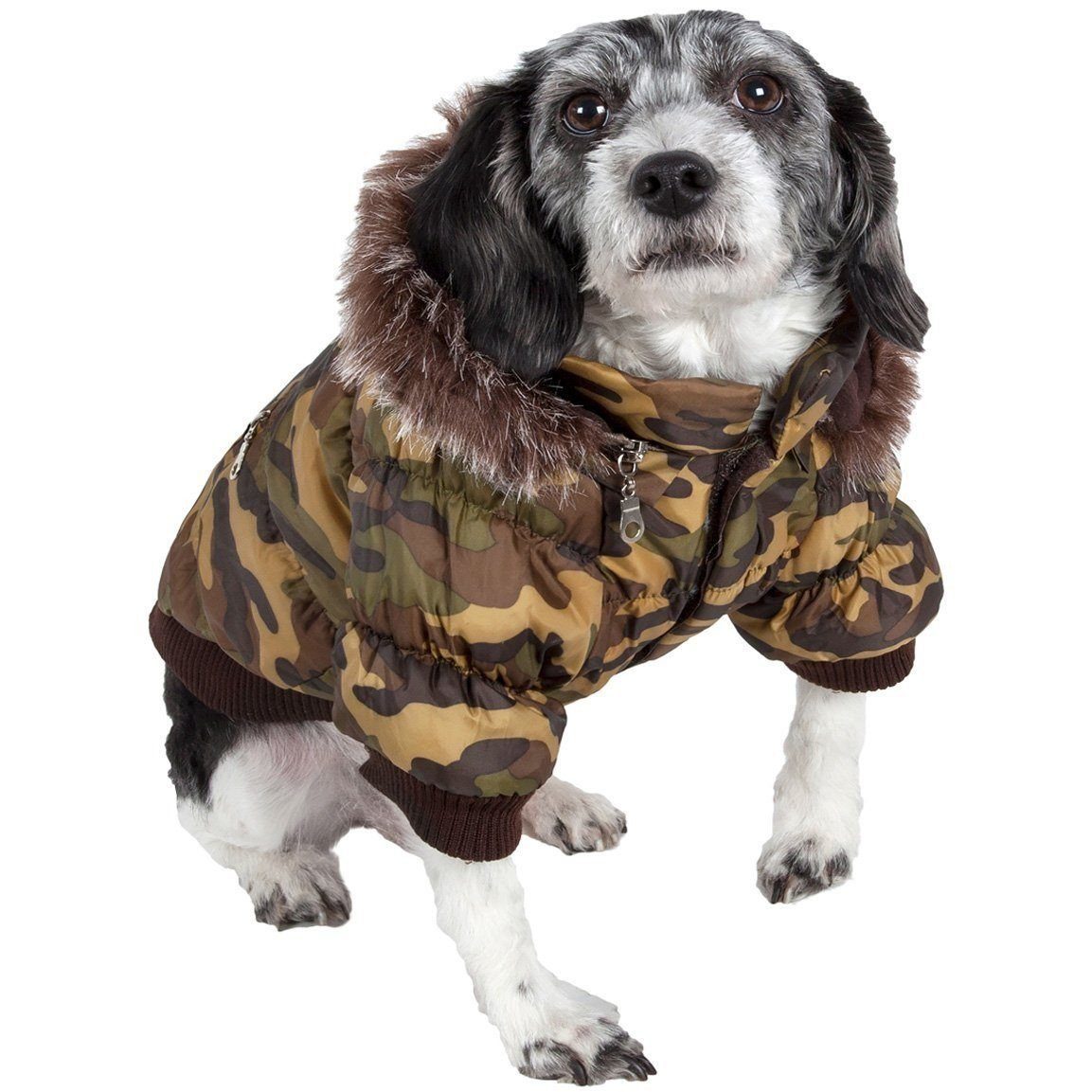Camouflage insulated dog coat with removable hood and faux-fur trim, front view
