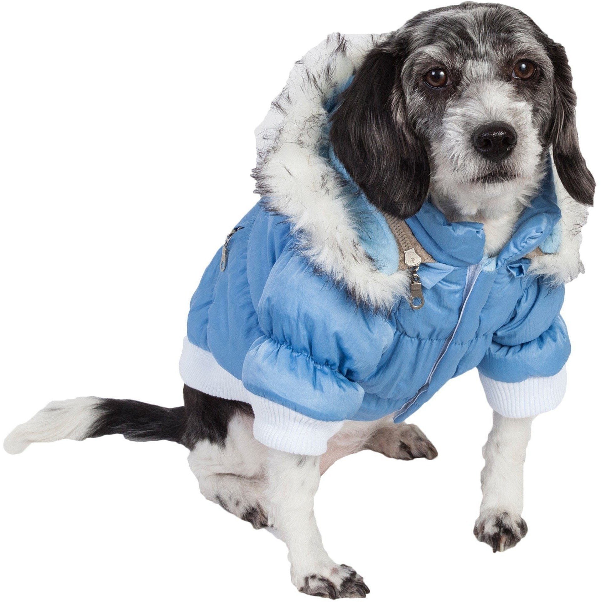 Sky blue insulated dog coat parka with removable hood and faux-fur trim, front view
