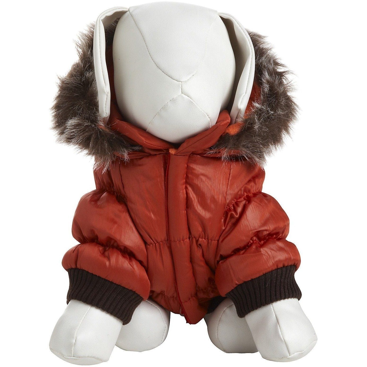 Rust insulated dog parka with removable hood and faux-fur trim, back view
