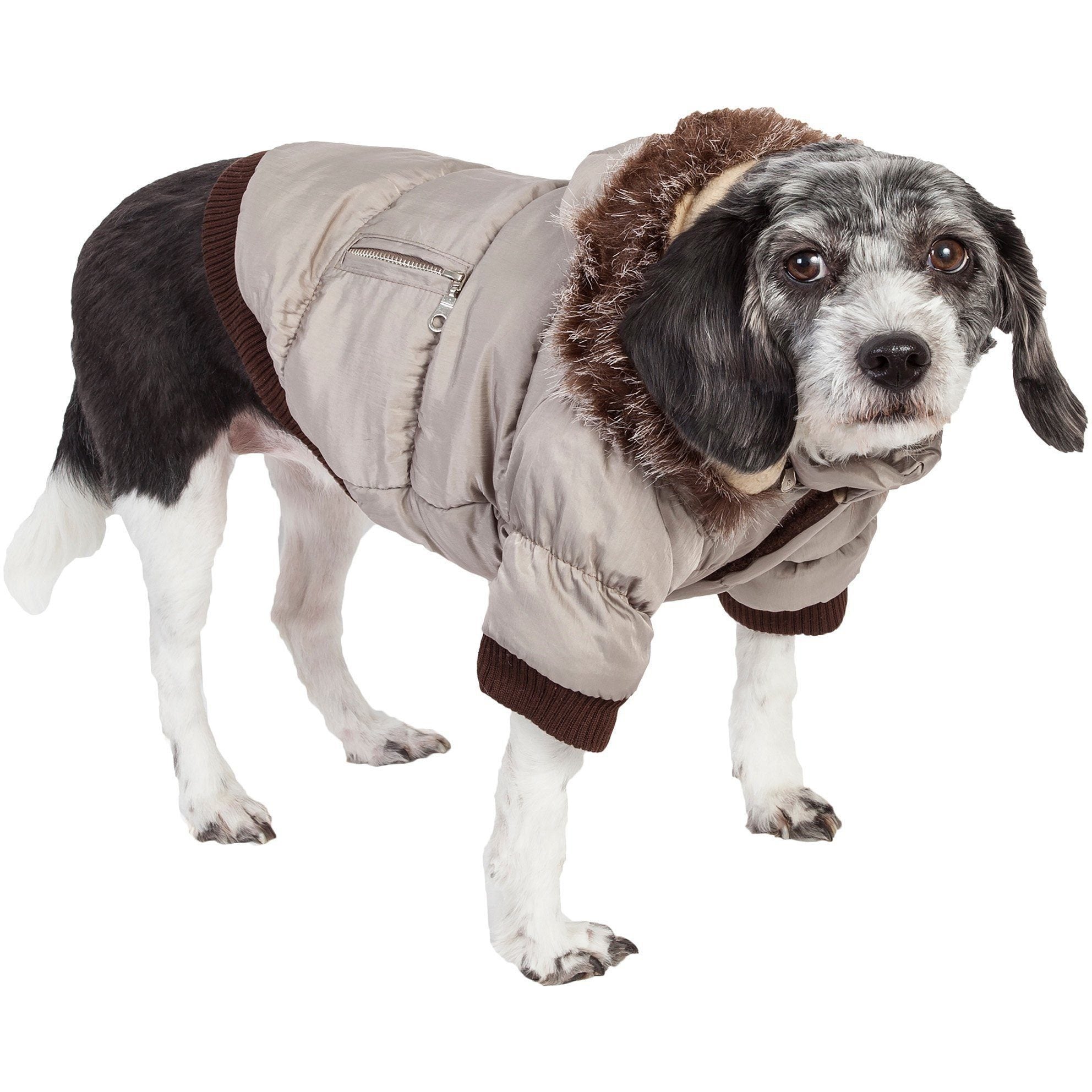 Metallic grey insulated dog parka with removable hood and faux-fur trim, zip front
