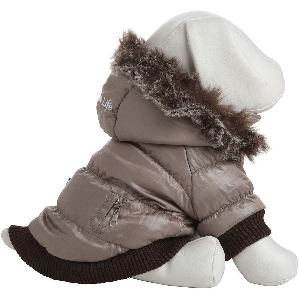 Metallic gray dog parka with removable hood and dark faux-fur trim, front three-quarter view