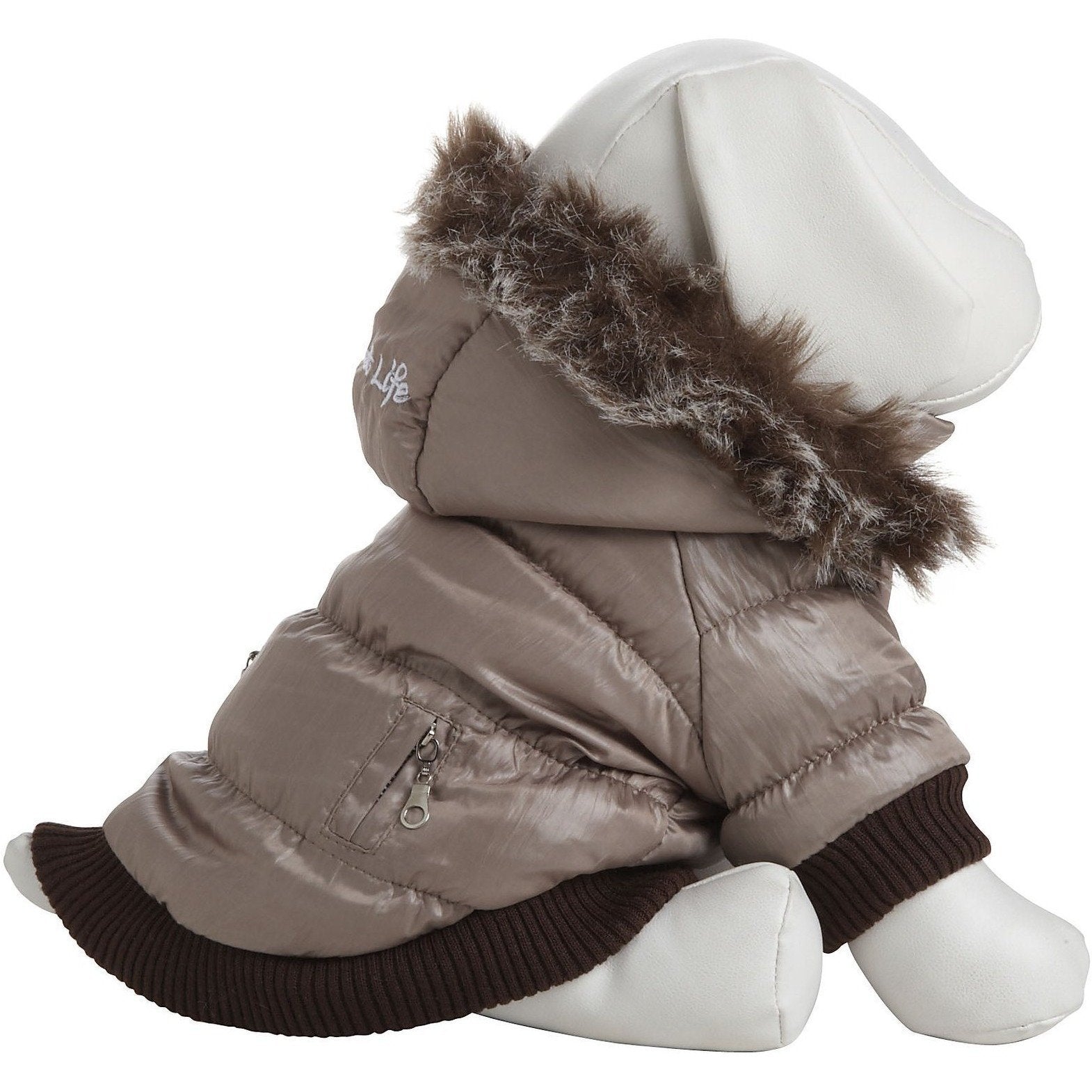 Metallic gray dog parka with removable hood and dark faux-fur trim, front three-quarter view