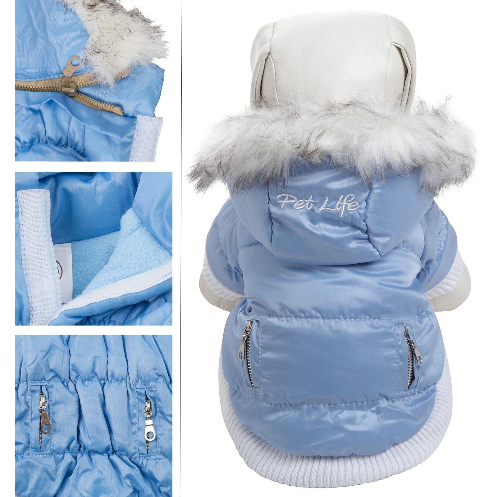 Light blue insulated dog coat with removable fur-trimmed hood and front zipper pockets