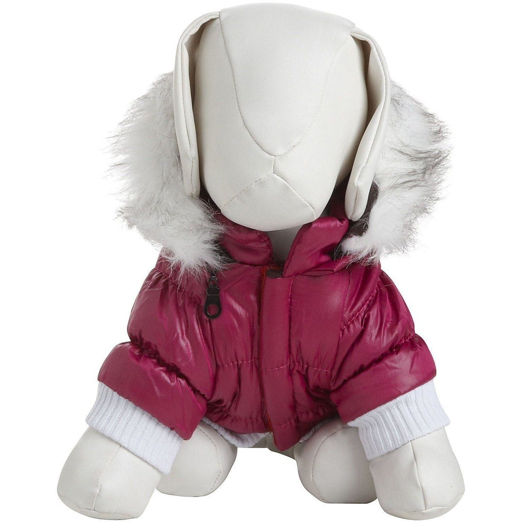 Burgundy insulated dog parka with removable hood and faux-fur trim, front view