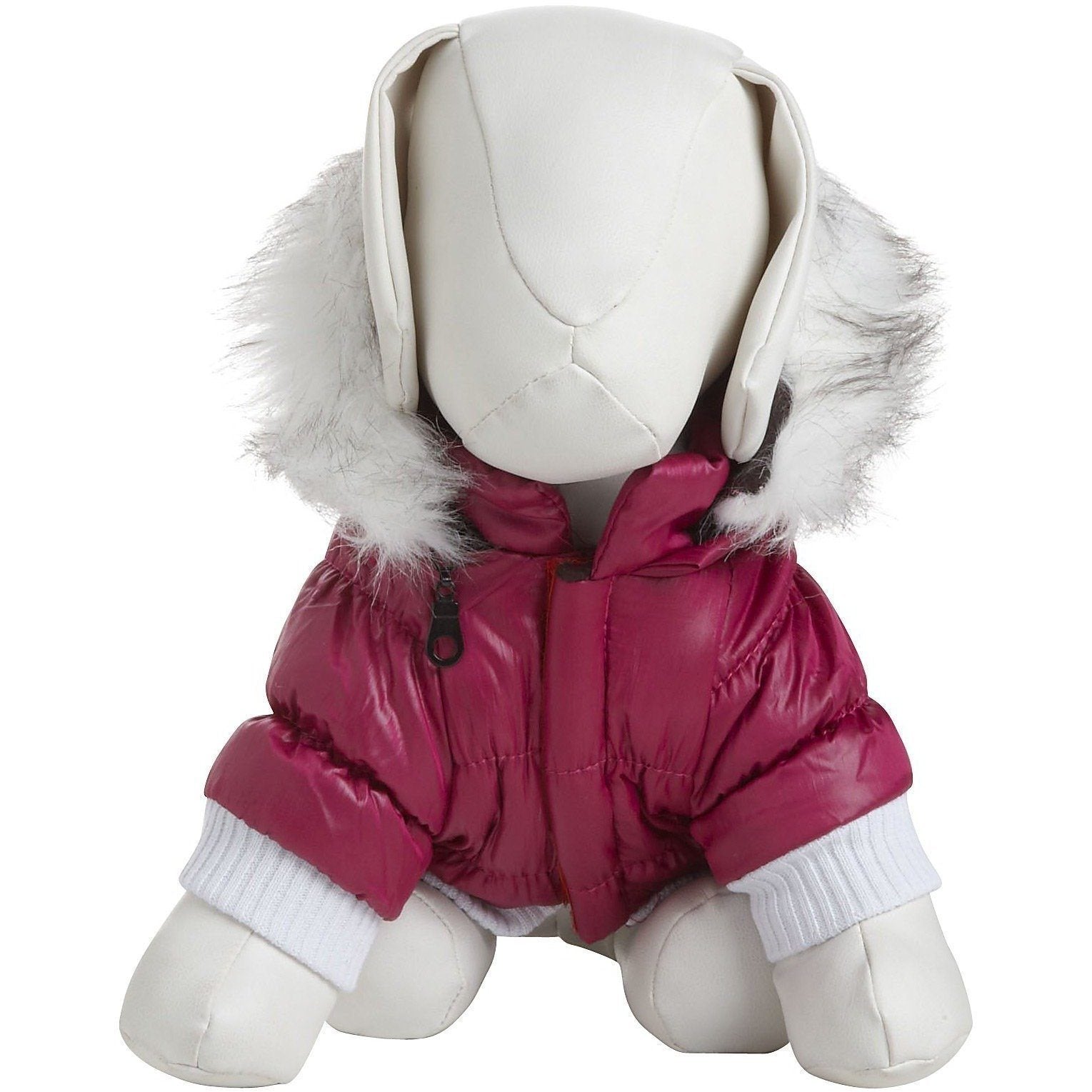 Burgundy insulated dog parka with removable hood and faux-fur trim, front view