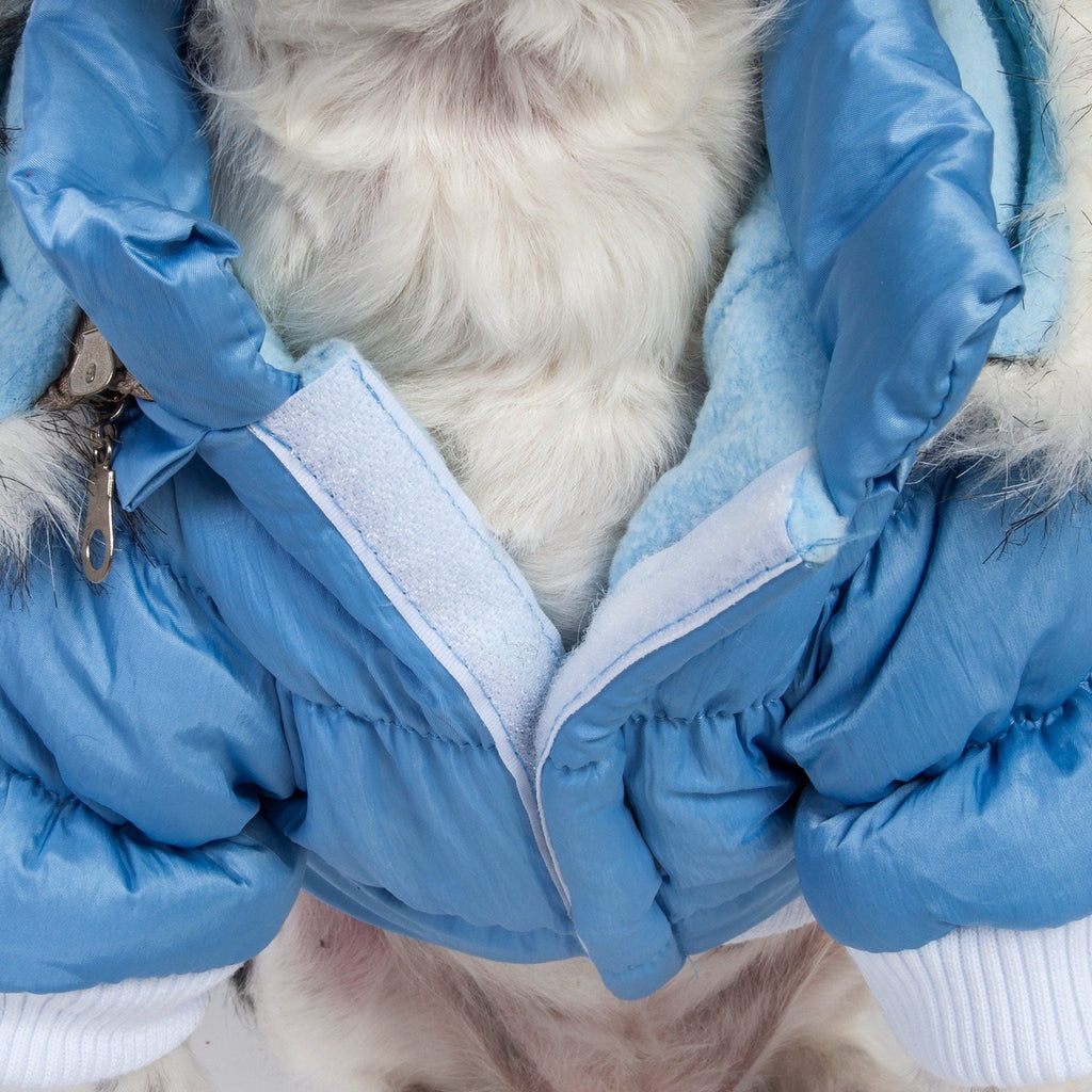 Light blue insulated dog parka with removable hood and white faux-fur trim, front view