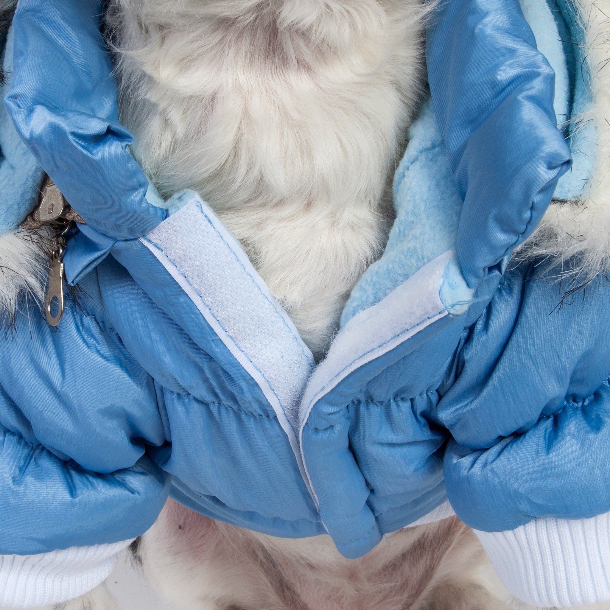 Light blue insulated dog parka with removable hood and white faux-fur trim, front view