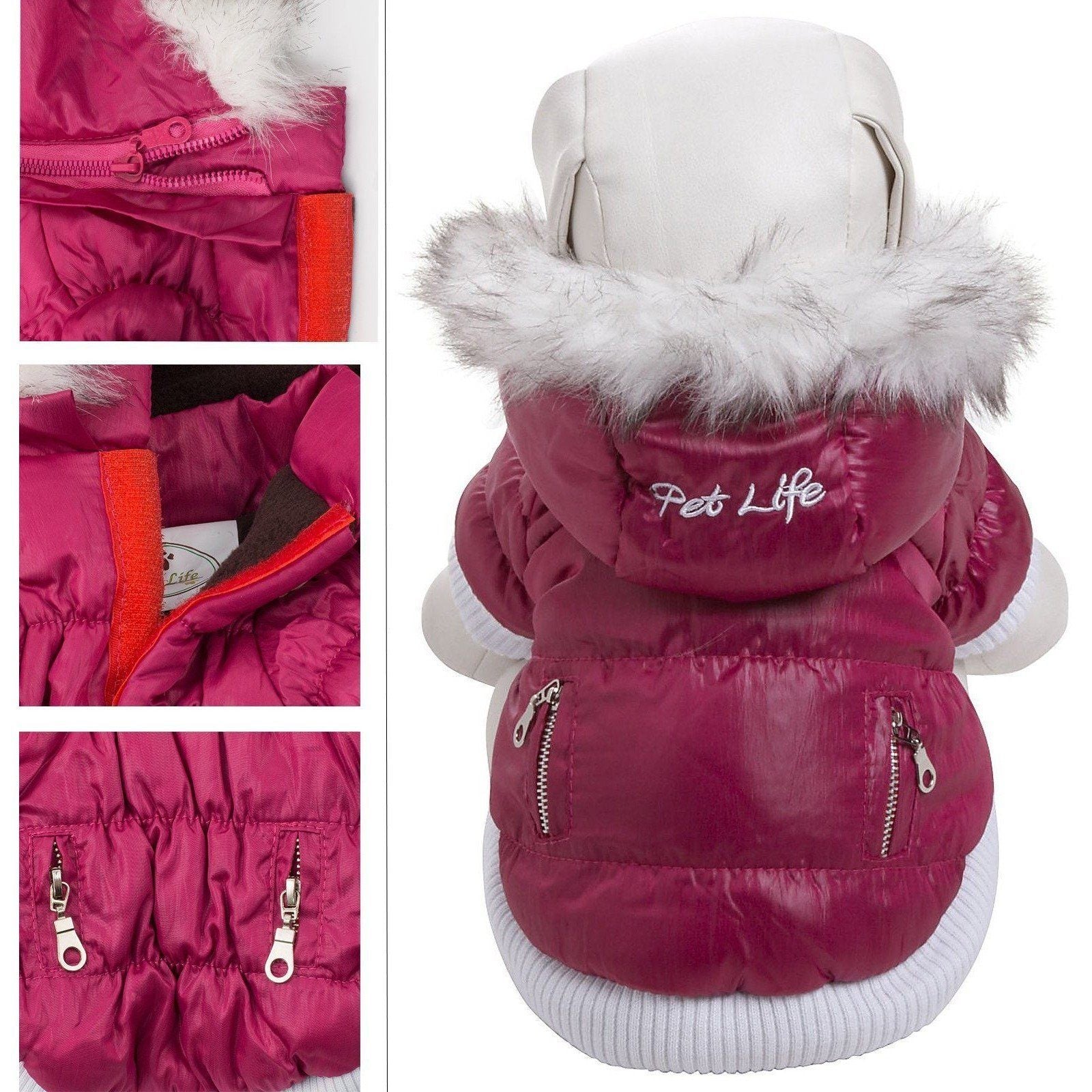 Fuchsia insulated dog parka with removable fur-trimmed hood, zipper pockets, and light ribbed trim